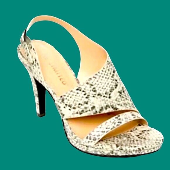 NEUTRAL TONES SNAKESKIN SLINGBACK SANDALS SHOES OPEN TOE ASYMMETRICAL HEELS 9.5 - Picture 2 of 8